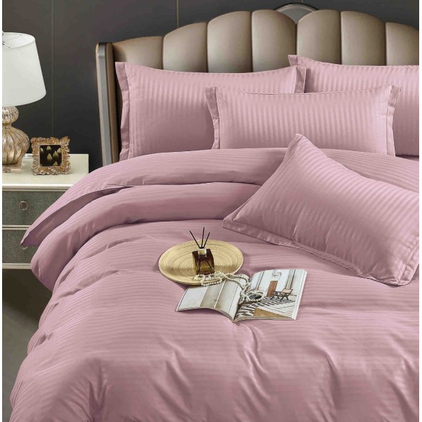 Lenjerie HoReCa, pat dublu, Damasc Finetat Deluxe cu Elastic, 6 piese, Jojo Home, Roz Prafuit [1]