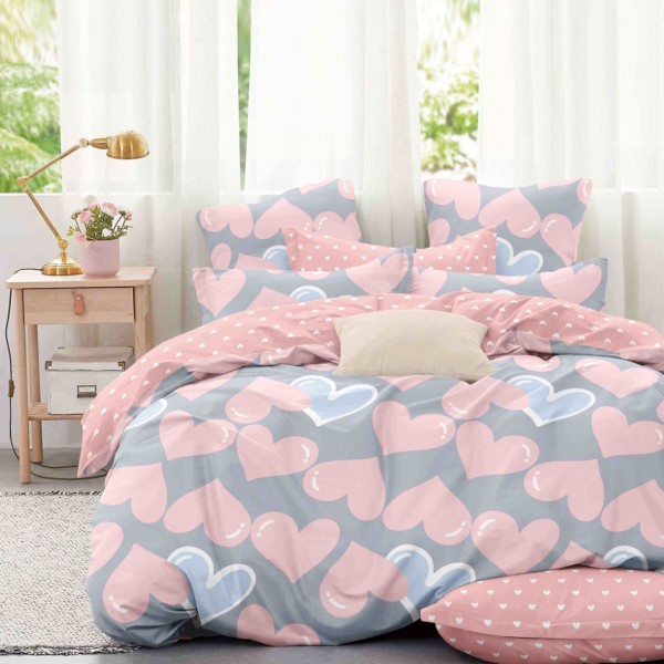 Lenjerie pat 1 PERSOANA,  FINET, 4 piese, Jojo Home, Gri, Roz, Inimioare [1]