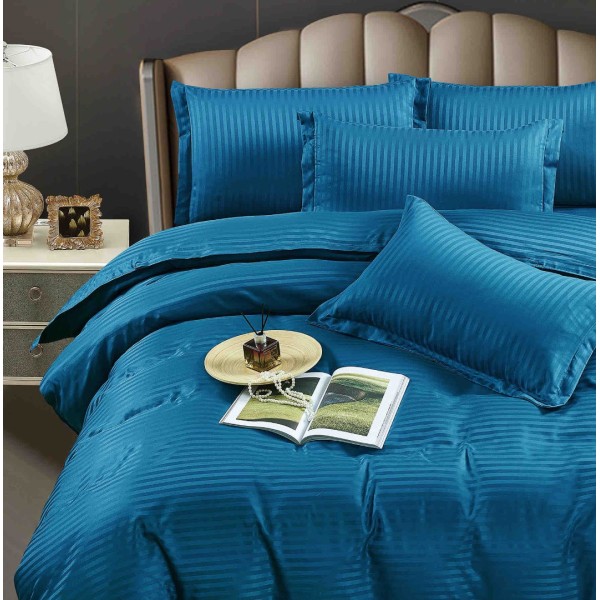 Lenjerie HoReCa, pat dublu, Damasc Finetat Deluxe cu Elastic, 6 piese, Jojo Home, Albastru [1]