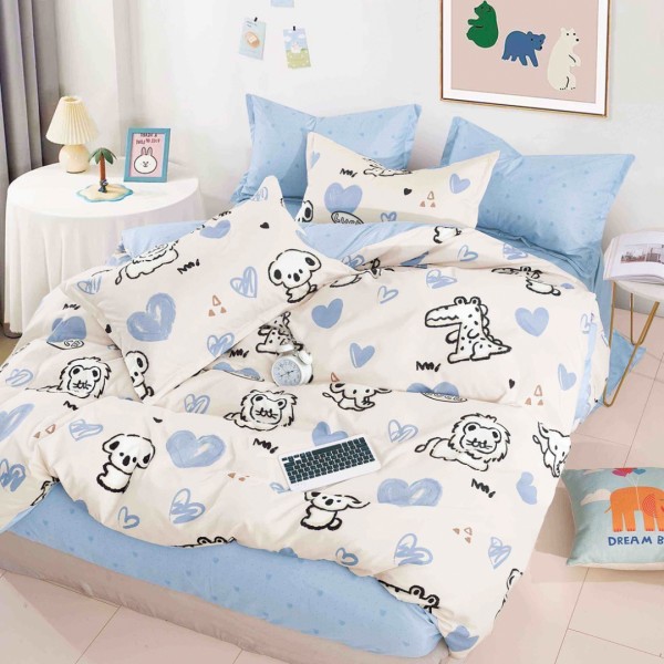 Lenjerie pat 1 PERSOANA,  FINET, 4 piese, Jojo Home, Bej, Bleu, Animale, Inimioare [1]