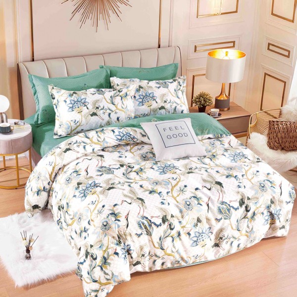 Lenjerie pat dublu,  FINET, 6 piese, Jojo Home, Crem, Verde, flori [1]