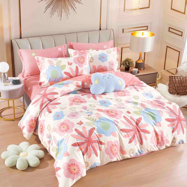 Lenjerie pat dublu,  FINET, 6 piese, Jojo Home, Crem, Roz, flori [1]