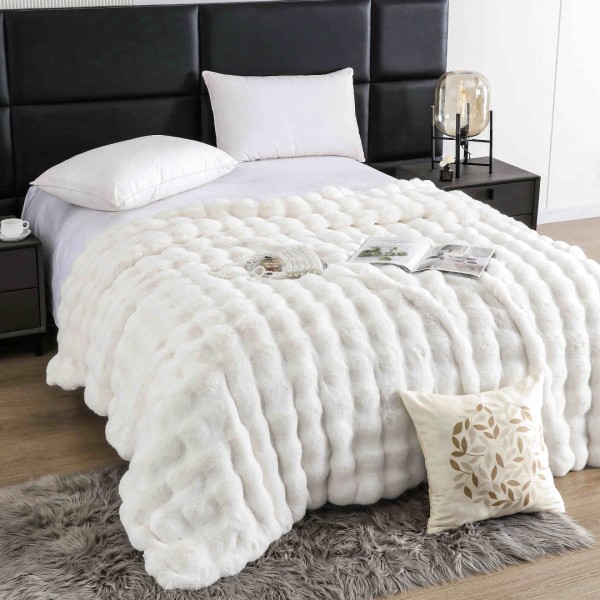 Pătură Luxury Soft Touch, Jojo Home, cu Blăniță Artificială Tip Iepure, 200x230 cm, cu Fermoar, Alb [1]