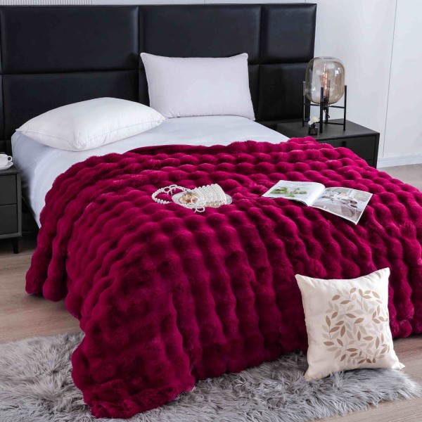 Pătură Luxury Soft Touch, Jojo Home, cu Blăniță Artificială Tip Iepure, 200x230 cm, cu Fermoar, Grena [1]