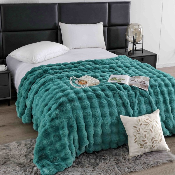 Pătură Luxury Soft Touch, Jojo Home, cu Blăniță Artificială Tip Iepure, 200x230 cm, cu Fermoar, Turquoise [1]