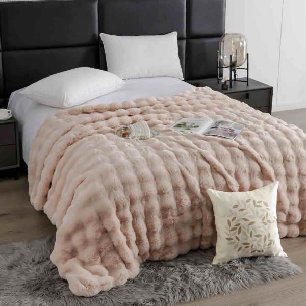 Pătură Luxury Soft Touch, Jojo Home, cu Blăniță Artificială Tip Iepure, 200x230 cm, cu Fermoar, Pudra [1]