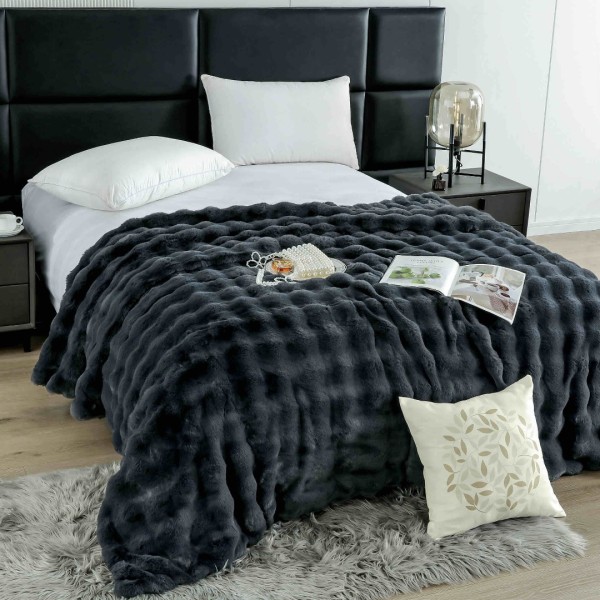 Pătură Luxury Soft Touch, Jojo Home, cu Blăniță Artificială Tip Iepure, 200x230 cm, cu Fermoar, Antracit [1]