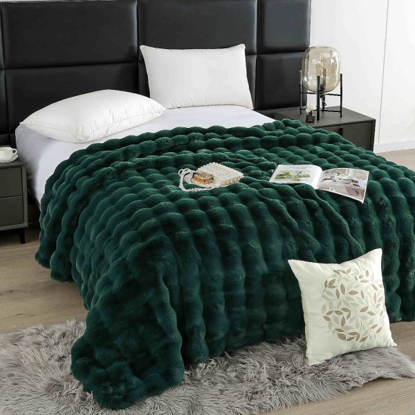 Pătură Luxury Soft Touch, Jojo Home, cu Blăniță Artificială Tip Iepure, 200x230 cm, cu Fermoar, Verde Smarald [1]