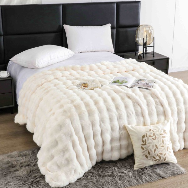 Pătură Luxury Soft Touch, Jojo Home, cu Blăniță Artificială Tip Iepure, 200x230 cm, cu Fermoar, Crem [1]