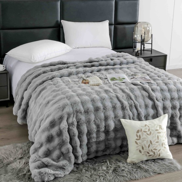 Pătură Luxury Soft Touch, Jojo Home, cu Blăniță Artificială Tip Iepure, 200x230 cm, cu Fermoar, Gri [1]
