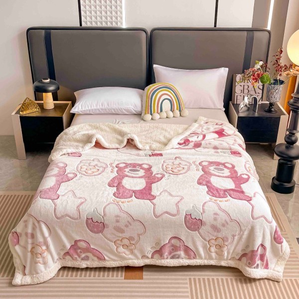 Patura CoCoLiNo cu blanita, 200x230cm, Jojo Home, Crem, Roz, Ursuleți, Stelute [1]