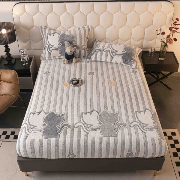 Cearsaf CoCoLiNo, JoJo Home, cu Elastic, 180x200x25cm, 2 fete de perne, 50x70cm, Alb, Gri, dungi, pisicute [1]