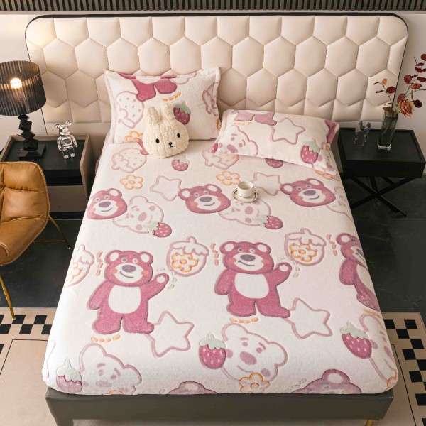 Cearsaf CoCoLiNo, JoJo Home, cu Elastic, 180x200x25cm, 2 fete de perne, 50x70cm, Crem, Roz, Ursuleți, Steluțe, Inimioare [1]
