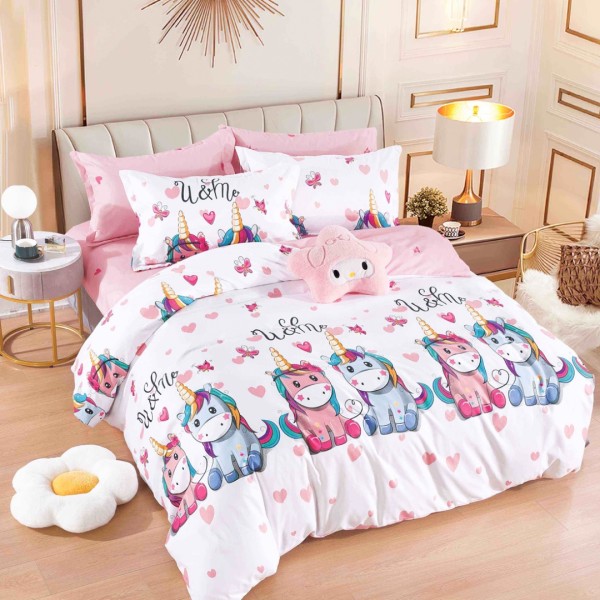 Lenjerie pat 1 PERSOANA,  FINET, 4 piese, Jojo Home, Alb, Unicorn [1]