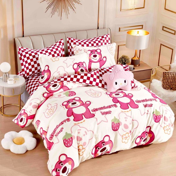 Lenjerie pat 1 PERSOANA,  FINET, 4 piese, Jojo Home, Crem, Roz, Ursuleti [1]