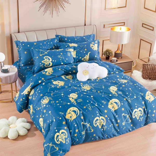 Lenjerie pat 1 PERSOANA,  FINET, 4 piese, Jojo Home, Albastru, Zodiac [1]