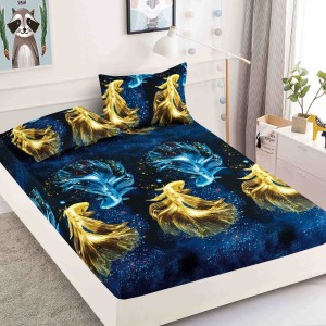 Cearsaf cu elastic, Bumbac FINET, 160/180x200cm, 2 fete de perne 50x70cm, Jojo Home, Bleumarin, pești colorati