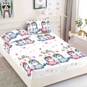 Cearsaf cu elastic, Bumbac FINET, 160/180x200cm, 2 fete de perne 50x70cm, Jojo Home, Alb, Roz, Bleu, Unicorni