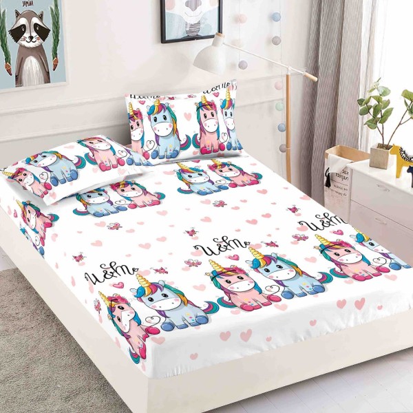 Cearsaf cu elastic, Bumbac FINET, 160/180x200cm, 2 fete de perne 50x70cm, Jojo Home, Alb, Roz, Bleu, Unicorni [1]