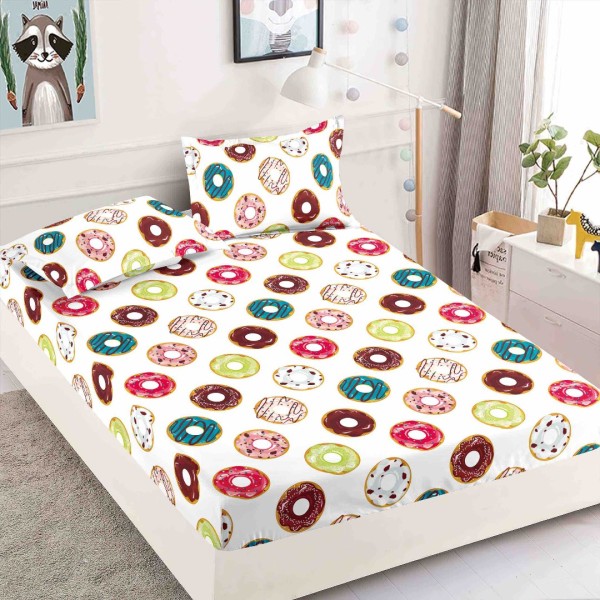 Cearsaf cu elastic, Bumbac FINET, 160/180x200cm, 2 fete de perne 50x70cm, Jojo Home, Alb, Multicolor, Gogosi [1]