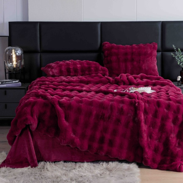 Lenjerie Luxury Pat Dublu, Jojo Home, ExtraPufoasa, din Blanita Artificiala tip Iepure, 6 piese, Grena [1]