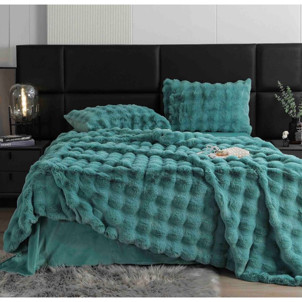 Lenjerie Luxury Pat Dublu, Jojo Home, ExtraPufoasa, din Blanita Artificiala tip Iepure, 6 piese, Turquoise [1]