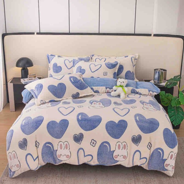 Lenjerie pat dublu, Super Pufoasa COCOLINO,cu ELASTIC, 4 piese, Jojo Home, Alb, Bleu, Inimioare [1]