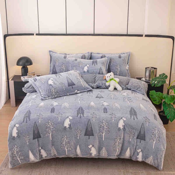Lenjerie pat dublu, Super Pufoasa COCOLINO,cu ELASTIC, 4 piese, Jojo Home, Gri Albăstrui, Brazi [1]