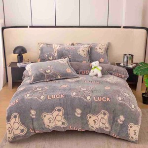 Lenjerie pat dublu, Super Pufoasa COCOLINO,cu ELASTIC, 4 piese, Jojo Home, Gri, Ursuleti