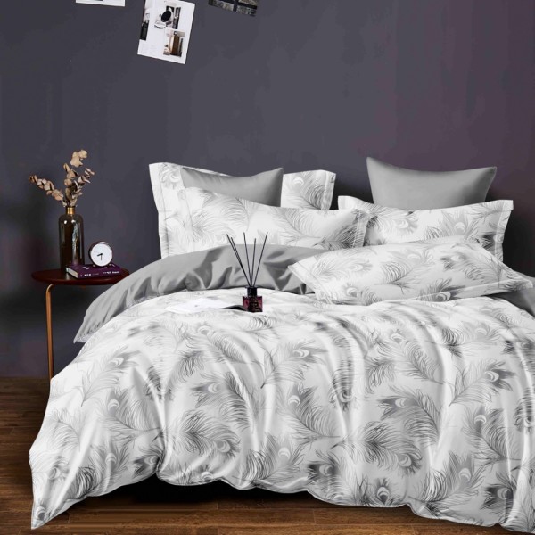 Lenjerie pat dublu, FINET, 6 piese, cu ELASTIC, Jojo Home, Alb, Gri, Pene de Paun [1]