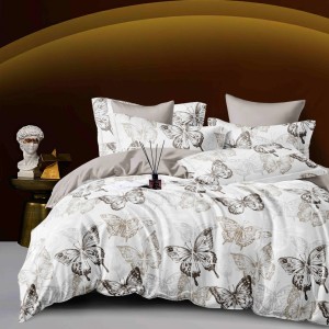 Lenjerie pat dublu,  FINET, 6 piese, Jojo Home, Alb, Gri, fluturi