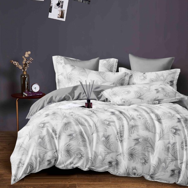 Lenjerie pat dublu,  FINET, 6 piese, Jojo Home, Gri, pene de paun [1]