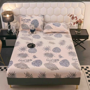 Cearsaf CoCoLiNo, JoJo Home, cu Elastic, 180x200x25cm, 2 fete de perne, 50x70cm, Crem, Gri, frunze