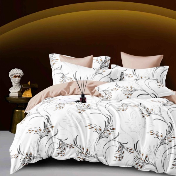 Lenjerie pat dublu, FINET, 6 piese, cu ELASTIC, Jojo Home, Alb, Negru, Bej, Frunze, Flori [1]
