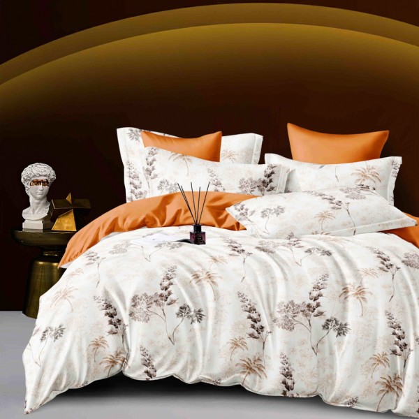 Lenjerie pat dublu, FINET, 6 piese, cu ELASTIC, Jojo Home, Crem, Cărămiziu, Flori, Frunze [1]