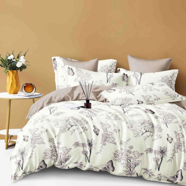 Lenjerie pat dublu, FINET, 6 piese, cu ELASTIC, Jojo Home, Crem, Bej, Flori [1]