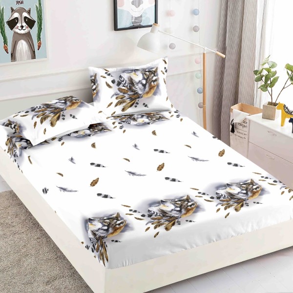 Cearsaf cu elastic, Bumbac FINET, 160/180x200cm, 2 fete de perne 50x70cm, Jojo Home, Alb, lupi, pene [1]