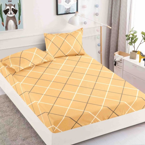 Cearsaf cu elastic, Bumbac FINET, 160/180x200cm, 2 fete de perne 50x70cm, Jojo Home, Galben, dungi [1]