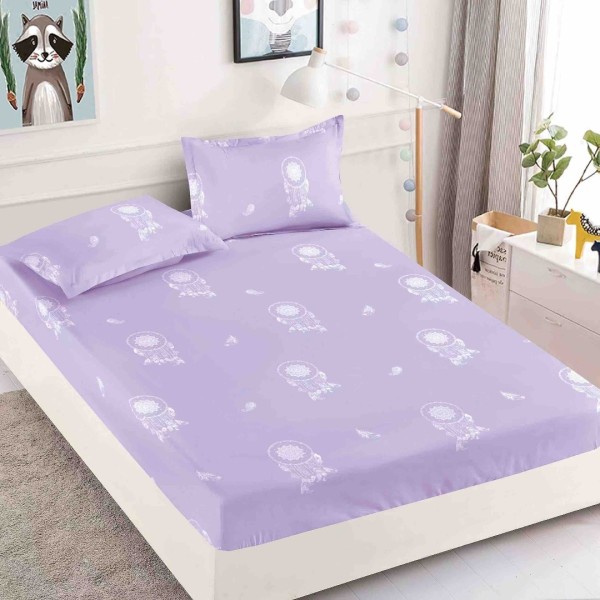 Cearsaf cu elastic, Bumbac FINET, 160/180x200cm, 2 fete de perne 50x70cm, Jojo Home, Lila, Dream Catcher [1]