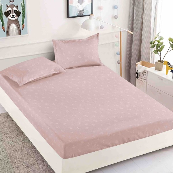 Cearsaf cu elastic, Bumbac FINET, 160/180x200cm, 2 fete de perne 50x70cm, Jojo Home, Pudra, frunzulite [1]