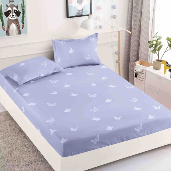 Cearsaf cu elastic, Bumbac FINET, 160/180x200cm, 2 fete de perne 50x70cm, Jojo Home, Lavanda, fluturi [1]
