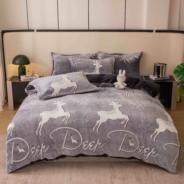 Lenjerie Pat 1 Persoana, Jojo Home, CoCoLiNo (Fleece), 4 piese, Gri, Cerbi [1]