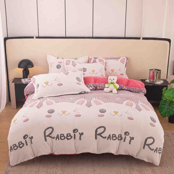 Lenjerie Pat 1 Persoana, Jojo Home, CoCoLiNo (Fleece), 4 piese, Alb, Roz, Iepurasi [1]