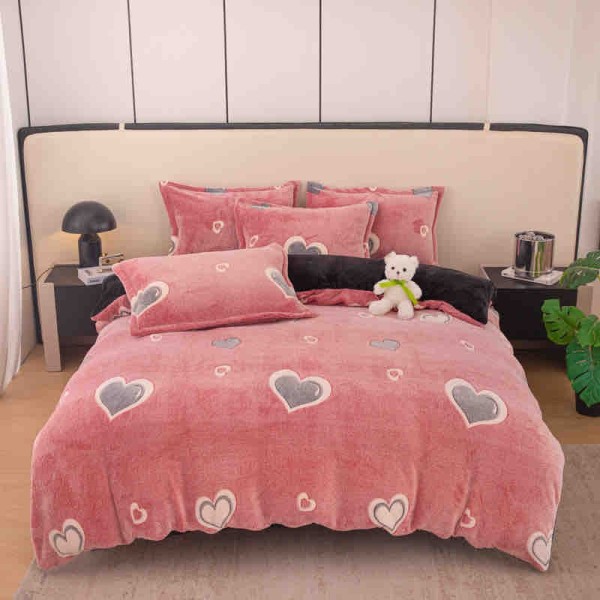 Lenjerie Pat 1 Persoana, Jojo Home, CoCoLiNo (Fleece), 4 piese, Roz, Gri, Inimioare [1]
