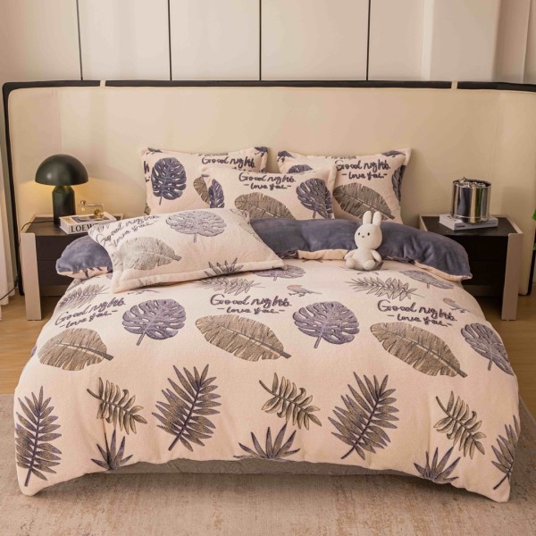 Lenjerie pat dublu, Super Pufoasa COCOLINO,cu ELASTIC, 4 piese, Jojo Home, Crem, Gri, Frunze [1]