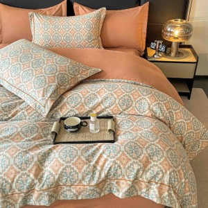 Lenjerie pat dublu, FINET DeLuxe, 6 piese, cu ELASTIC, Jojo Home, Cutie Eleganta, Somon, Model Elegant