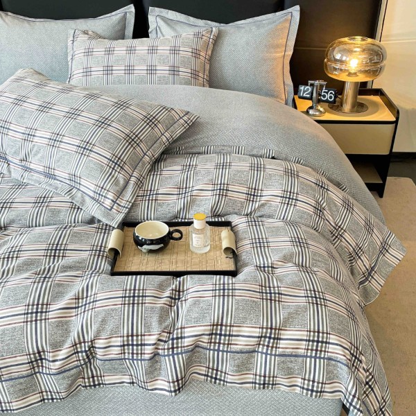 Lenjerie pat dublu, FINET DeLuxe, 6 piese, cu ELASTIC, Jojo Home, Cutie Eleganta, Gri, Carouri [1]