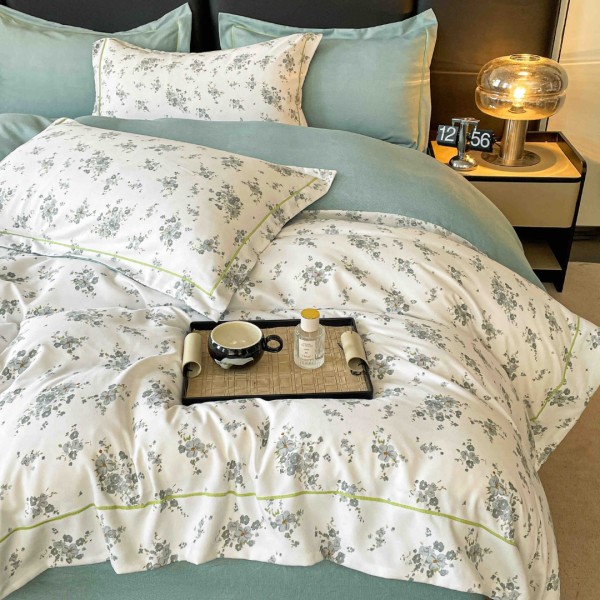 Lenjerie pat dublu, FINET DeLuxe, 6 piese, cu ELASTIC, Jojo Home, Cutie Eleganta, Crem, Menta, Floricele [1]