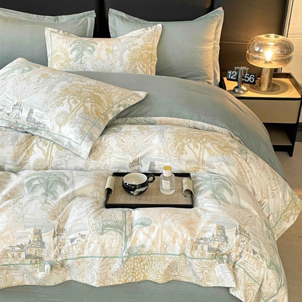 Lenjerie pat dublu, FINET DeLuxe, 6 piese, cu ELASTIC, Jojo Home, Cutie Eleganta, Crem, Bej, Gri, Copaci, Oras [1]