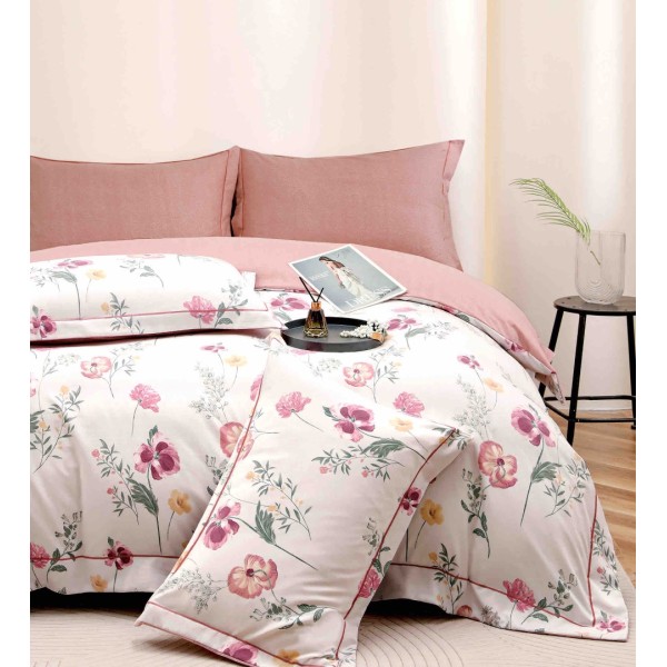 Lenjerie pat dublu, FINET DeLuxe, 6 piese, cu ELASTIC, Jojo Home, Cutie Eleganta, Alb, Roz, Flori [1]